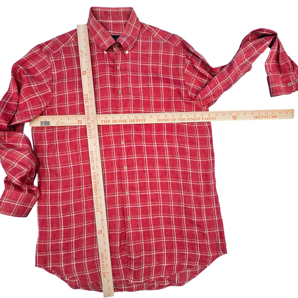 Scott Barber Mens Large Red Windowpane Plaid 100% Linen Button Down Shirt L - Picture 4 of 5